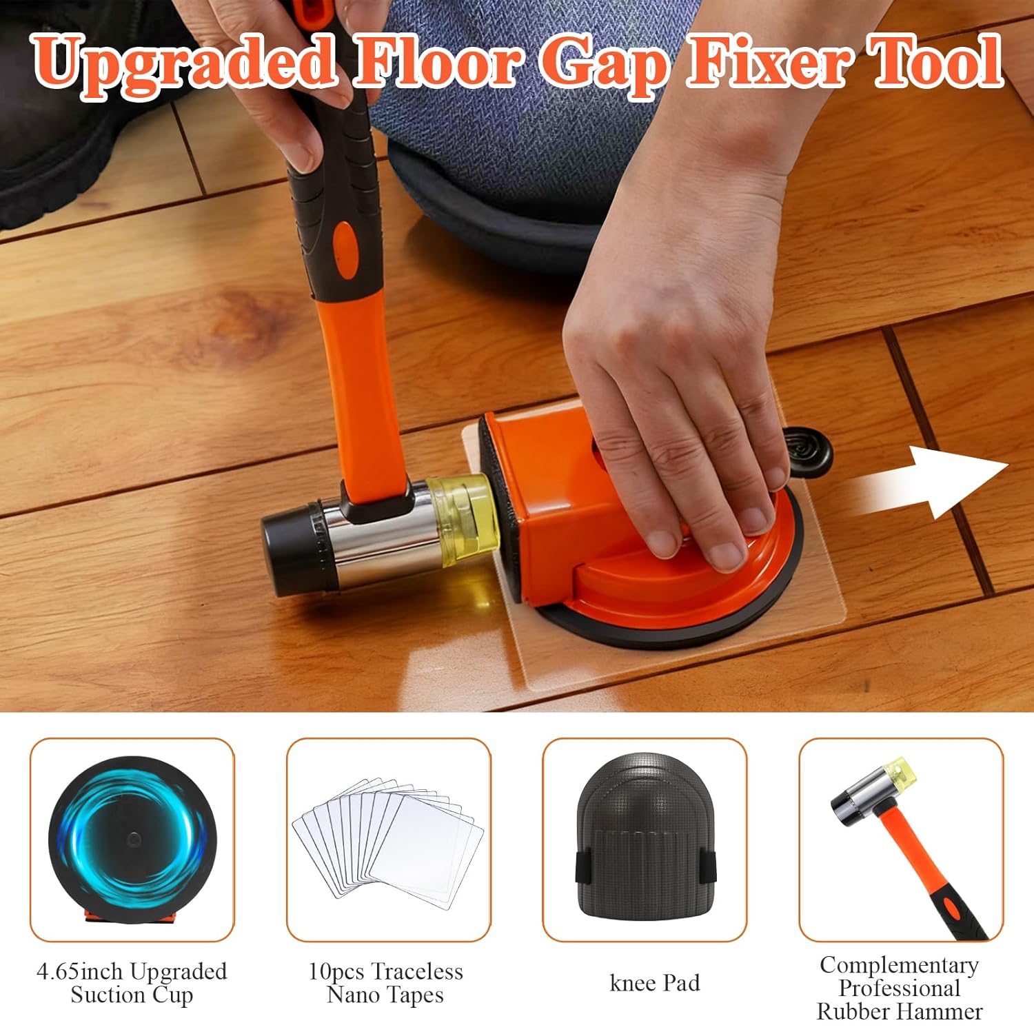 Floor Gap Fixer Tool Kit With Rubber Mallet & 10 Reusable Sticky Pads& Knee Pad,Suction Cup Laminate/Vinyl Flooring Tool For Fix Gaps,Heavy Duty Floor Gap Repair Kit For Vinyl Plank Hardwood Floor​